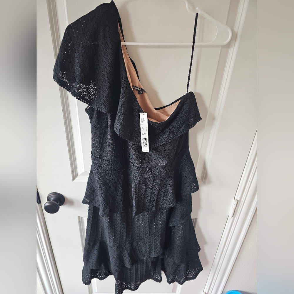 MARINA Black One Shoulder Ruffled Dress